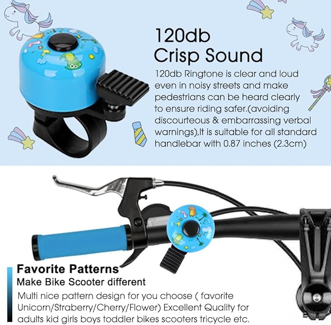 Kid Bike Bell - Bicycle Bell for Kids Boys Girls Adults | 120db Classic Mini Loud Bike Ring - Cool Bike Bell Design with Crisp Clear Sound for MTB,BMX,City Bike,Scooter -Kid Bike Accessories
