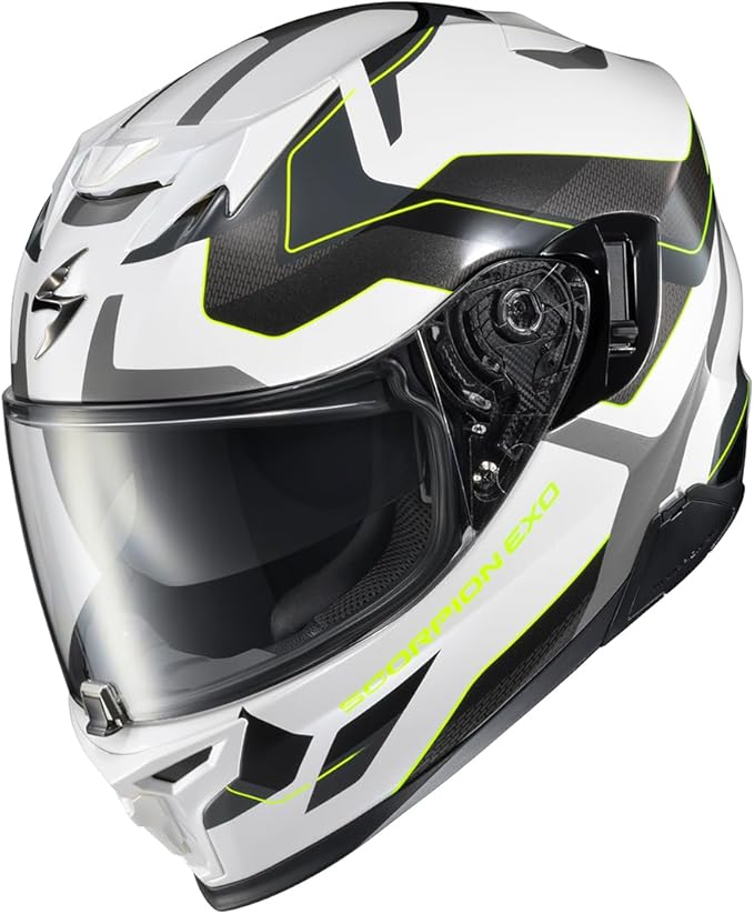 ScorpionEXO T520 Full Face Touring Motorcycle Helmet with Bluetooth Ready Speaker Pockets DOT ECE Approved Zuse (White/Hi-Viz - X-Large)
