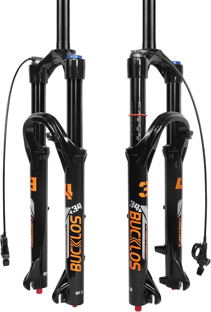 BUCKLOS 26/27.5/29 inch Travel 140mm MTB Air Suspension Fork, Rebound Adjustment 34mm Stanchions 1-1/8" Threadless Straight/Tapered 9*100mm QR Manual/Remote Lockout XC AM Mountain Bicycle Front Forks