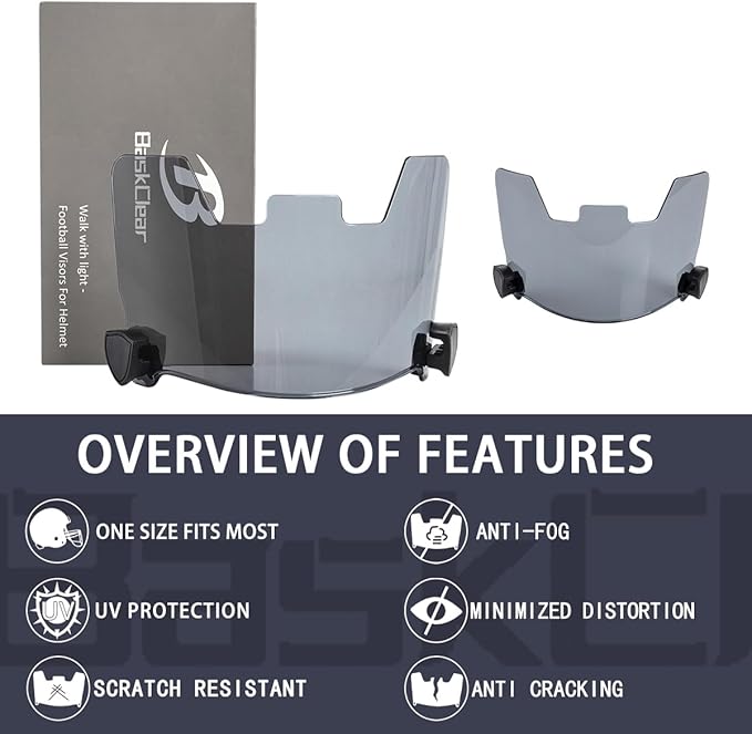 Football Visor Helmet Clear Visor, Scratch Resistant, UV Block, Anti-Fog, Anti-Cracking. Fits Youth and Adult Football Helmets.