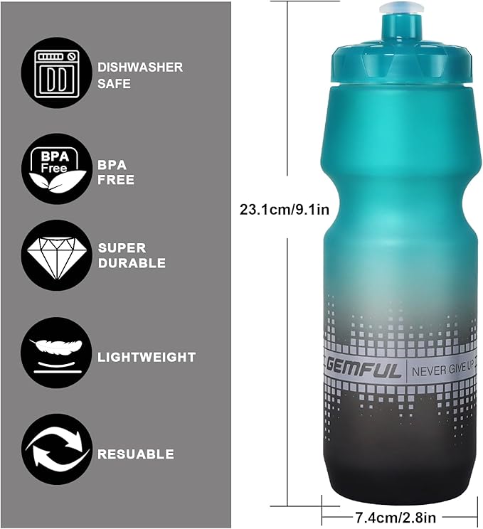 GEMFUL Bike Water Bottle 24oz Cycling Water Bottle BPA-Free with Leak-Proof Lid Squeeze Design 2 Pack No-Sweat Grip Fits Standard Bike Cages for Mountain Road Bikes (Gradient Green Black+Blue Green)