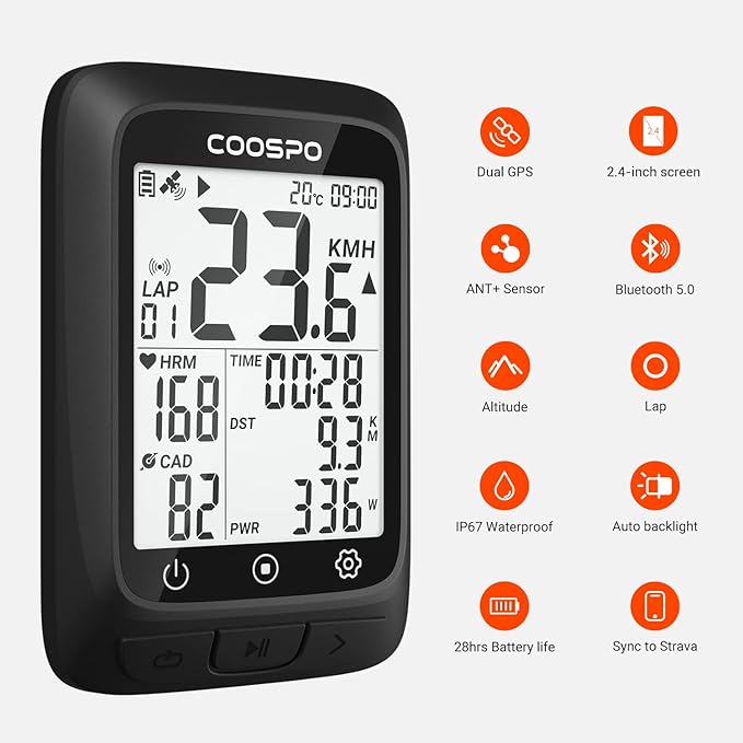 COOSPO Bike Computer GPS Wireless, ANT+ Cycling Computer GPS with Bluetooth, Multifunctional ANT+ Bicycle Computer GPS with 2.4 LCD Screen, Bike Speedometer with Auto Backlight IP67