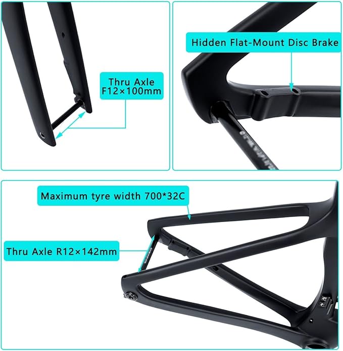 Carbon Fiber Road Bike Frameset 700C 46/48/51/54cm Disc Brake Breaking Wind Racing Frames Front12×100mm Rear12×142mm Thru Axle Frame with Fork Internal Routing