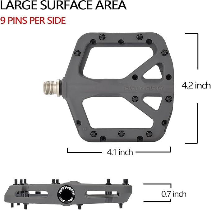 FIFTY-FIFTY Mountain Bike Pedals, Non-Slip MTB Nylon Composite, 9/16" Bicycle Pedals, Lightweight and Wide Flat Platform