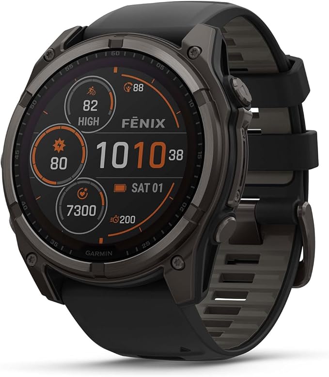PlayBetter Garmin Fenix 8 Solar Sapphire (51mm, Carbon Gray DLC Titanium) Multisport GPS Smartwatch Bundle - 1.4” Touchscreen, Built-in LED Flashlight Wireless Running Earbuds