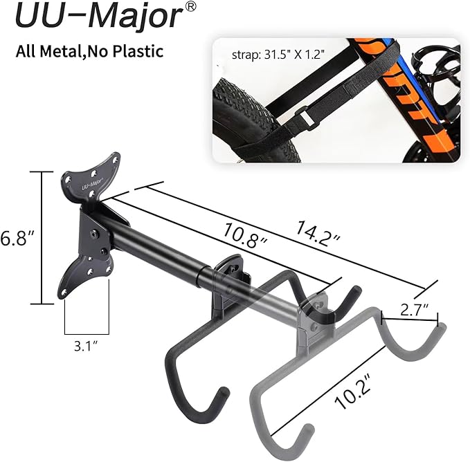 Bike Wall Mount,Heavy Duty Bike Hanger, Mounted Bike Hook for Garage Wall,Horizontal Bike Rack for MTB,Road And Hybrid Bikes Storage,Thicker Metal With Rubber Coating.(Adjustable*2 Pack)