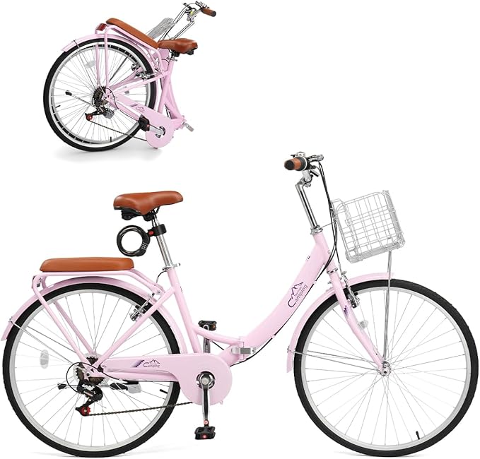 24/26 Inch Foldable Bike Folding Bicycle, 7 Speed Beach Cruiser Bike with Lock, Comfort Back Seat, Foldable Basket & Ergonomic Upright Frame, Cruiser Bicycle for Adults