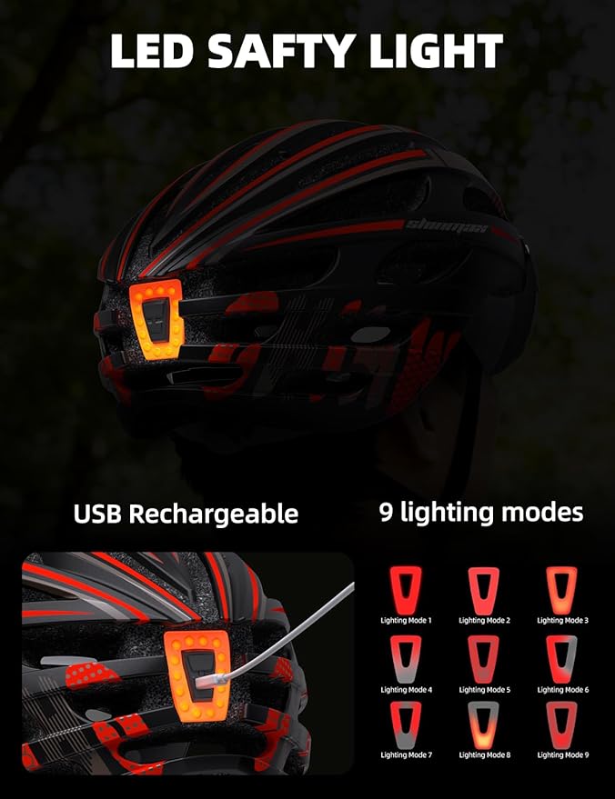 Shinmax Bike Helmet with USB Rechargeable Light & Detachable Magnetic Goggles UV Protective, Bicycle Helmet Men Women Mountain Road Adjustable Adult Cycling Helmet (WT-049)