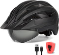 Adult Bike Helmet with Visor and Goggles for Men Women Mountain Road Bicycle Helmet Rechargeable Rear Light Cycling Helmet