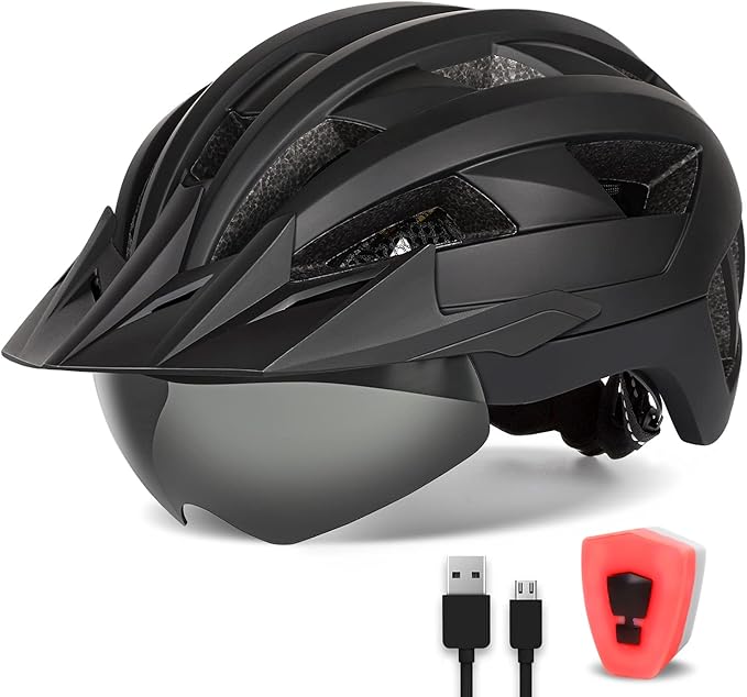 Adult Bike Helmet with Visor and Goggles for Men Women Mountain Road Bicycle Helmet Rechargeable Rear Light Cycling Helmet