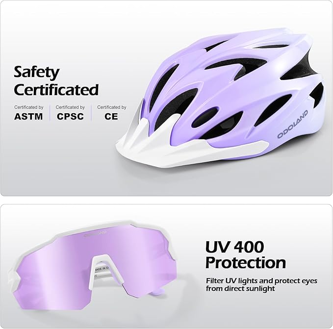 Odoland Adult Bike Helmet and Cycling Sunglasses Set for Men & Women, Safety Certified Bicycle Helmet with UV Protection Glasses for Mountain, Skating, Road, City Commuting & Outdoor Riding