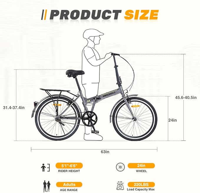 24 Inch Folding Bike for Adults, Steel Frame Single Speed City Commuter Bicycle, Dual V-Brake Portable Compact Bike with Fenders for Men Women