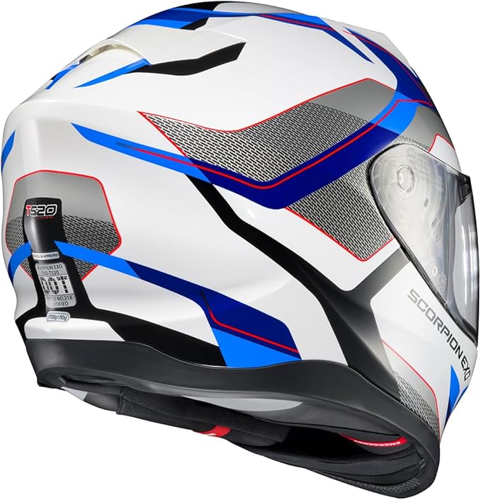 ScorpionEXO T520 Full Face Touring Motorcycle Helmet with Bluetooth Ready Speaker Pockets DOT ECE Approved Zuse (White/Blue - Small)