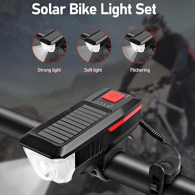 Rechargeable Solar Bike Lights, Night Ultra Bright Bicycle Lights Headlight and Back Taillight with Electric Bell, Easy to Install Waterproof, Road and Mountain LED Bike Lights