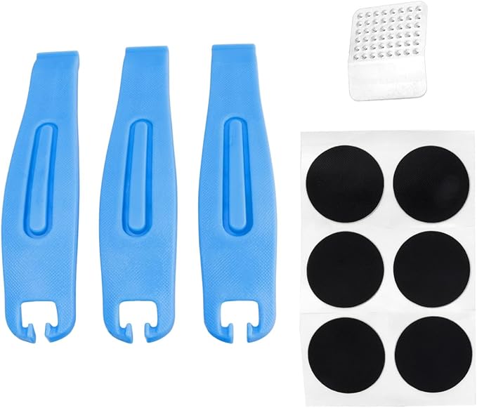 Bike Tire Repair Kit, 6Pcs Glueless Patches & 3Pcs Tire Levers with Metal Rasp, Compact Bicycle Inner Tube Patch Kit for Road & Mountain Bikes