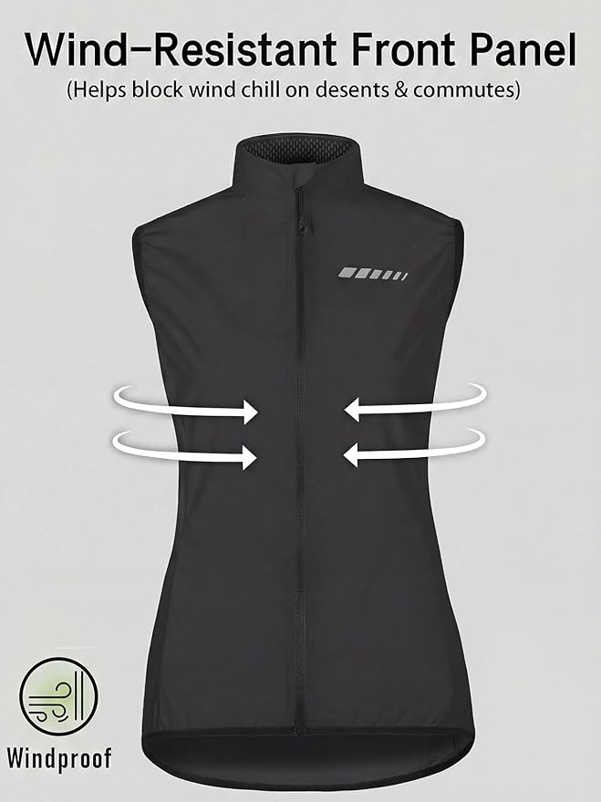 qualidyne Women's Windproof Cycling Vest, Lightweight Full-Zip Breathable Sleeveless Bike Jacket, 1 Back Pocket, Reflective
