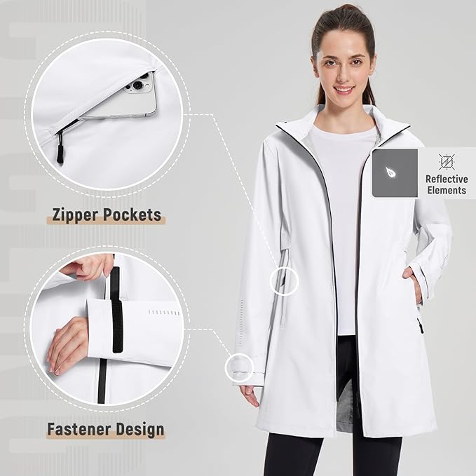 baleaf Women's Long Rain Coat Packable Waterproof Windbreaker Lightweight Cycling Jacket with Hood