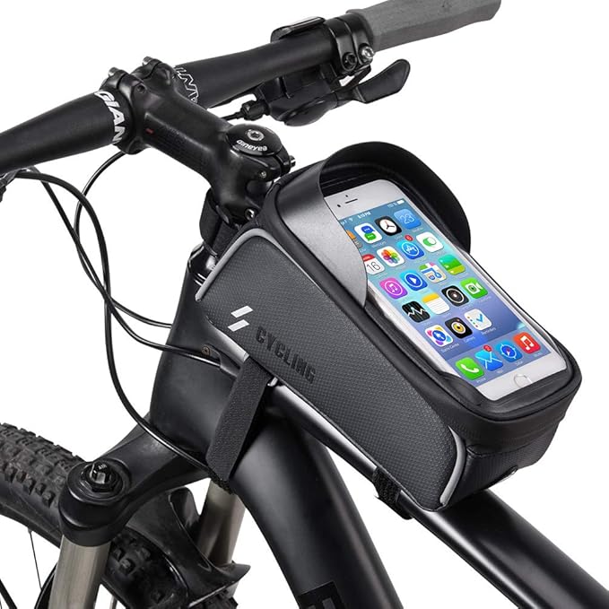 Bike Frame Bag, Bike Phone Mount, Waterproof Bicycle Handlebar Bag Cycling Front Top Tube Pouch Pannier Bike Phone Holder Stand for iPhone 16 15 14 13 12 11 Pro Max XS Samsung Smartphones Below 6.5''