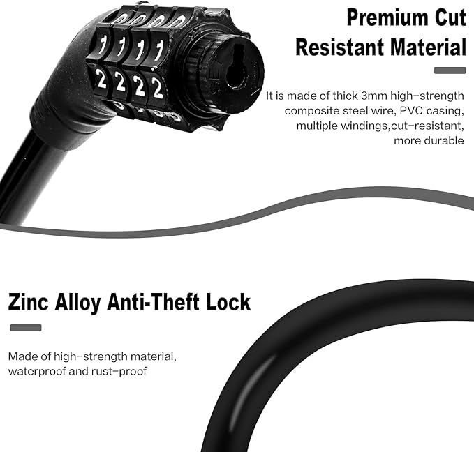 Bike Lock Cable, Bike Locks Heavy Duty Anti Theft, 2 Pcs Security 4 Digit Resettable Combination Bike Cable Lock, Portable Code Lock Cable for Bicycle, Black