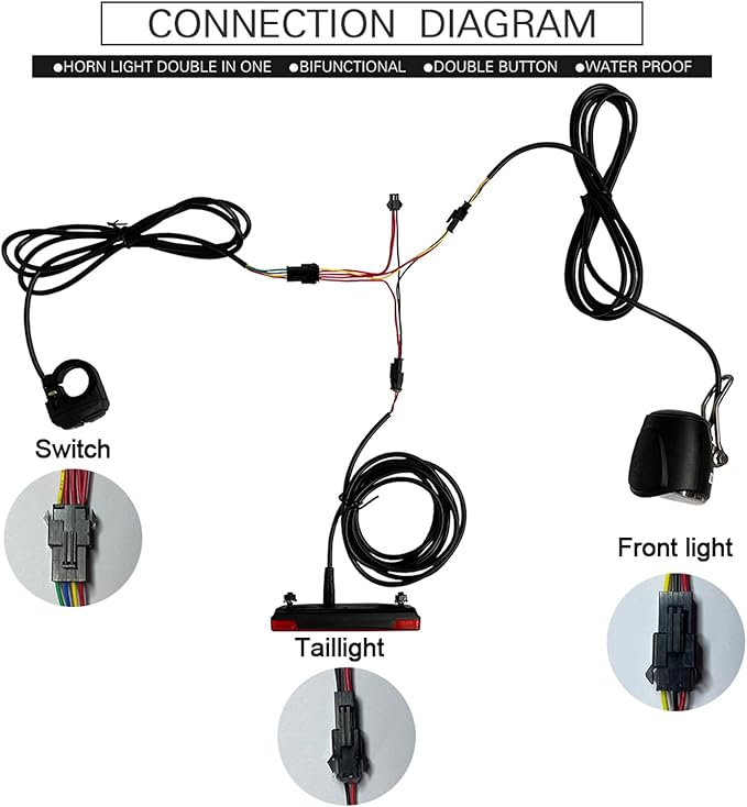 3 in 1 Ebike Headlight and Tail Light Sets, 12V to 72V Front Rear Warning Lights Kit, Double Switch, 4 Bright LED Beads, Safety Riding Warning Kit for Night Cycling