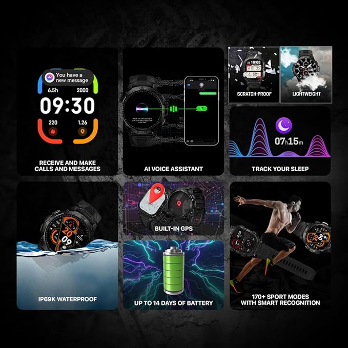 CARBINOX Blaze Smart Watch with GPS – Rugged Fitness Trackers, IP69K Waterproof, 170+ Sports Modes, Gorilla Glass, Make/Receive Calls, Android & iOS Compatible