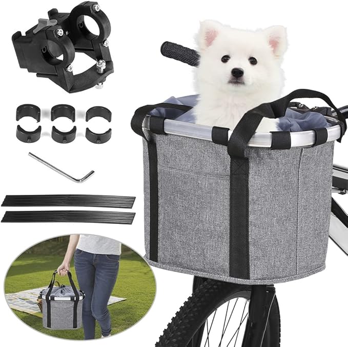 Lixada Bike Basket, Small Pet Cat Dog Carrier Bicycle Handlebar Front Basket Folding Detachable Removable Easy Install Quick Released Picnic Shopping Bag, Max. Bearing: 11lbs