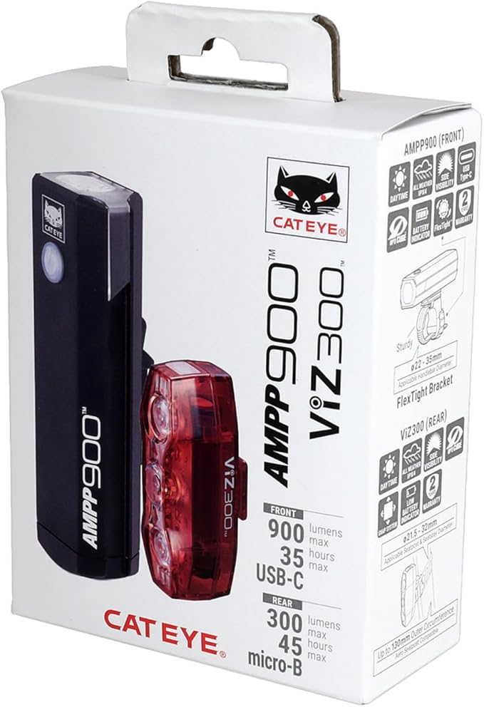 CATEYE AMPP & ViZ USB Rechargeable Bike Light Combo Kit – IPX4 Waterproof High Lumen AMPP Opticube™ LED Headlight & ViZ USB Daytime Safety Light, Visible up to 1 Mile, Fits Road, MTB, Gravel Bikes