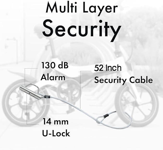 BLACKSTONE Stainless Steel U Bike Lock - 130dB Alarm, Reinforced 14mm Shackle - Ideal for Urban Cyclists & E-Bikes w/Double-Looped Steel Cable