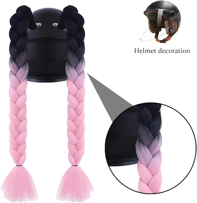 Helmet Pigtail Braids, 2PCS Motorcycle Helmet Ponytail Hair Tails Braid with Detachable Suction Cup, Hel-met Not Included, Bike Decoration Accessories, Universal for Bicycle Motorbike (Style4)