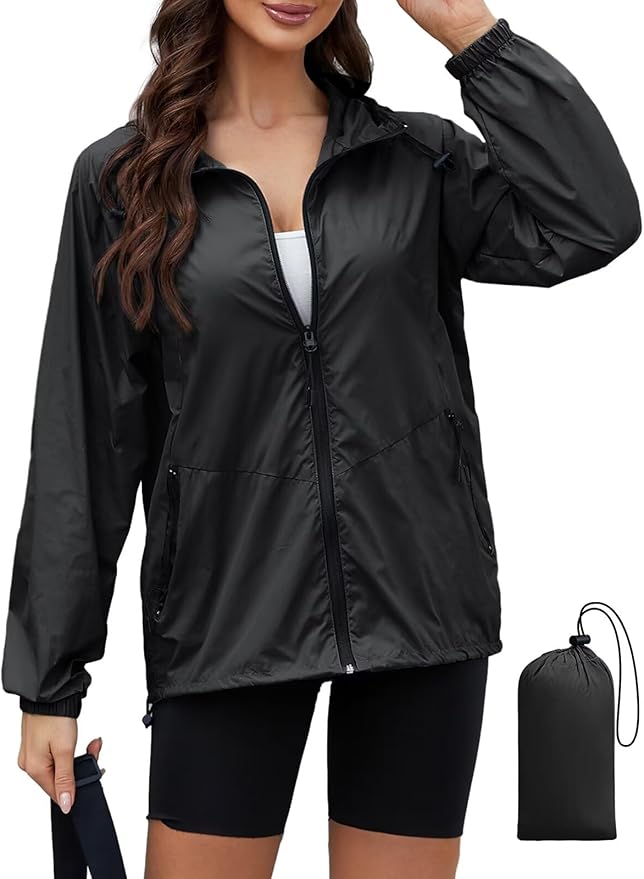 PITINAN Lightweight Rain Jacket Women Packable Wind Breaker Light Rain Jacket Women Waterproof Travel Raincoat S-XXL