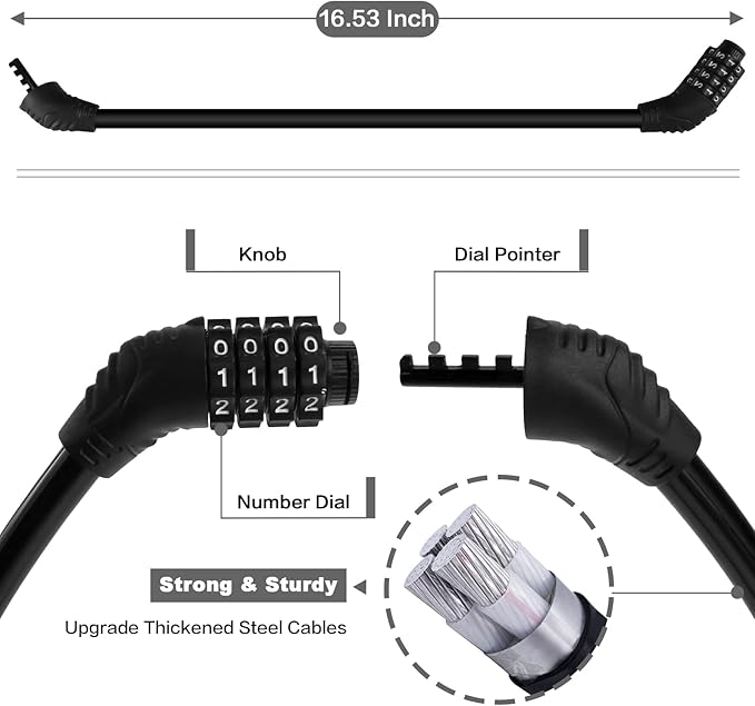 Bike Lock Cable, Bike Locks Heavy Duty Anti Theft, 2 Pcs Security 4 Digit Resettable Combination Bike Cable Lock, Portable Code Lock Cable for Bicycle, Black
