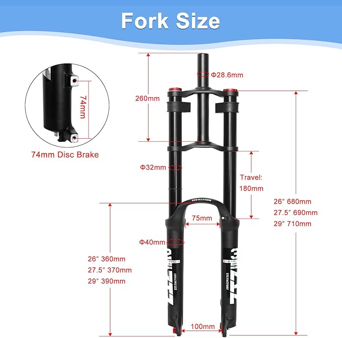 ZTZ 26/27.5/29 inch Mountain Bike Air Suspension Fork,Rebound Adjustment,180mm Travel,QR 9x100mm, 1-1/8 Straight Steerer, Ultralight Double Shoulder Design Front Fork for XC/AM MTB