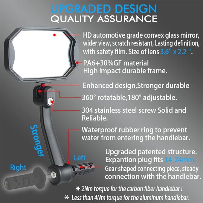 Bar End Bike Mirrors, High–Definition Convex Glass Lens for E-Bike Handlebars, Scratch Resistant, Safe Rearview 1 Pair Bicycle Mirror(Right And Left Side)