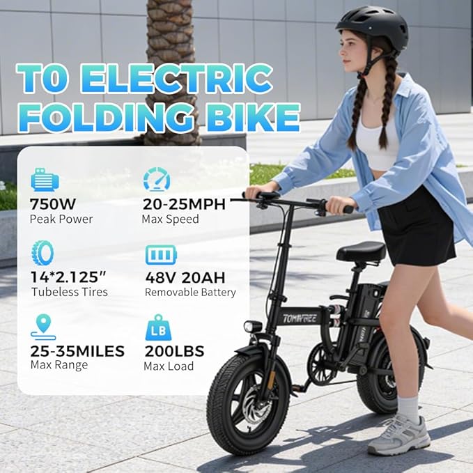Tomofree 750W Folding Electric Bike, 48V 20AH Removable Battery, 20-25MPH, 14''x 2.1'' Tire, 25-35miles PAS, Front/Full Suspension, 200lbs Load Ebike for Adult, Adult Electric Bicycles for Commute