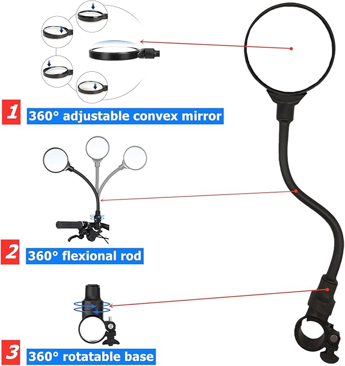 Bike Mirror 2 Pack, Adjustable Bike Mirrors Handlebar Rearview Mirror, Acrylic Convex Round Bike Rear View Mirrors for Handlebars Mount, Bicycle Mirror For E-bike Scooter