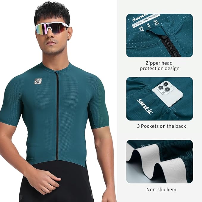 Santic Men's Cycling Jersey Short Sleeve Tops Pro Road Bike Shirt Full Zipper UPF 50+ Bicycle Jersey with Pockets
