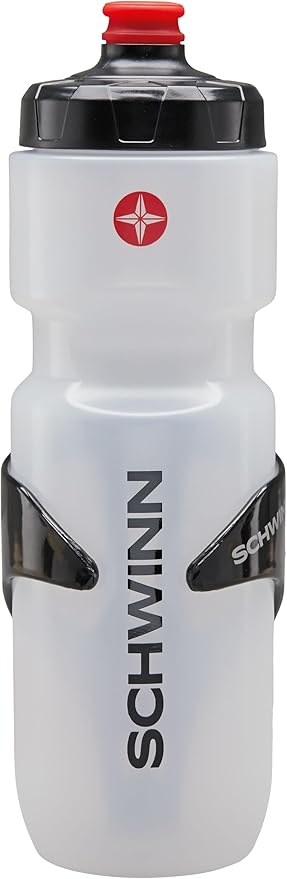 Schwinn Translucent Sport Water Bottle with Holder for Bicycle, 26 oz, BPA-Free, Dual-Stage Nozzle, Ergonomic Design, Cage Easily Mounts to Bike, Bike Water Bottle Holder Combo (Pack of 4)