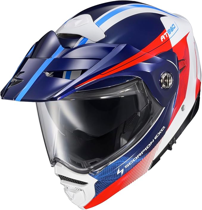 ScorpionEXO AT960 Modular Adventure Street Motorcycle Helmet with Bluetooth Ready Speaker Pockets DOT ECE Approved Topographic 2 (Red/White/Blue - Large)