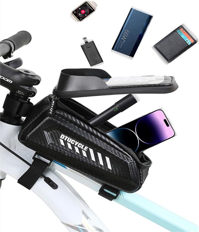 Bike/Bicycle Phone Holder Bag, Bicycle Front Frame Bag, Waterproof Tube Bag, Bike Accessories, Cycling Pouch with TPU Touch-Screen& Sun-Visor Compatible Phone Under 6.5” (1.5L Black)