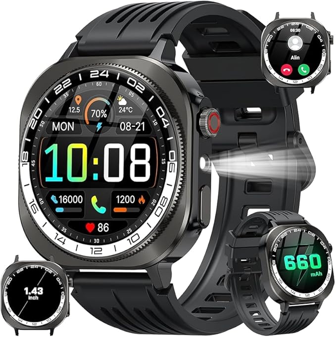 Military Smart Watches for Men(Answer/Make Call), AMOLED 1.43" Smartwatch, Flashlight/130+ Sports/Heart Rate/Sleep Monitor/Fitness Activity Tracker, IP68 Waterproof Fitness Watch for Android iOS