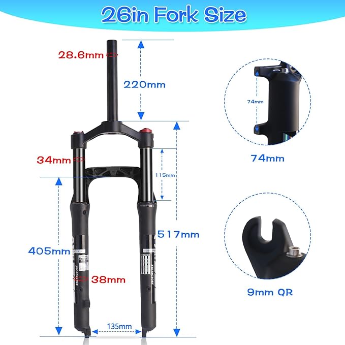 B Bolany 26 * 4.0 inch Fat Tire MTB Air Suspension Fork - 120mm Travel, 135mm Spacing Hub，9mm QR，Crown Lockout,Ultralight Mountain Bike Front Fork， Ideal for Snow Beach XC Mountain Bikes