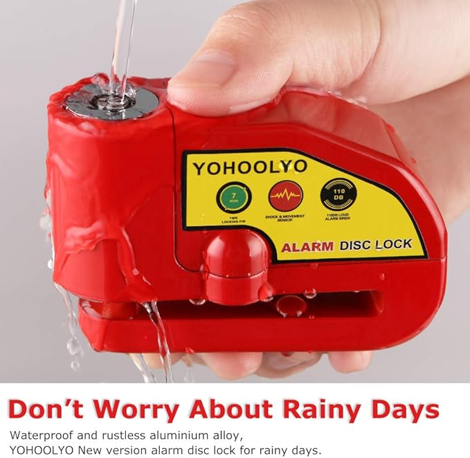 YOHOOLYO Alarm Disc Lock Motorcycle Disc Brake Lock Anti-Theft Waterproof 110 dB 7mm Pin 5ft Reminder Cable for Motorcycles Bike Scooter Carry Pouch (Red)