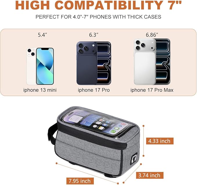 7 Inches Waterproof Bike Frame Bag | 1.5L Capacity Phone Mount Top Tube Bag e-bike Accessories for Adults | Bicycle Handlebar Compatible Phone Holder | Mountain Bike Bags & Cycling Accessories, Grey