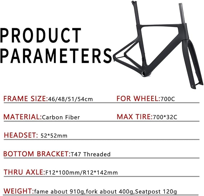 Carbon Fiber Road Bike Frameset 700C 46/48/51/54cm Disc Brake Breaking Wind Racing Frames Front12×100mm Rear12×142mm Thru Axle Frame with Fork Internal Routing
