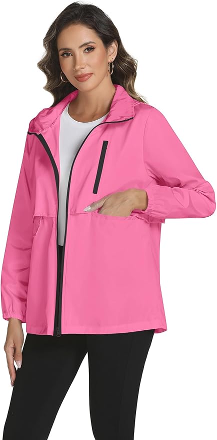 Avoogue Rain Jacket Women with Hooded Lightweight Waterproof Raincoats Packable Zipper Pockets Windbreakers