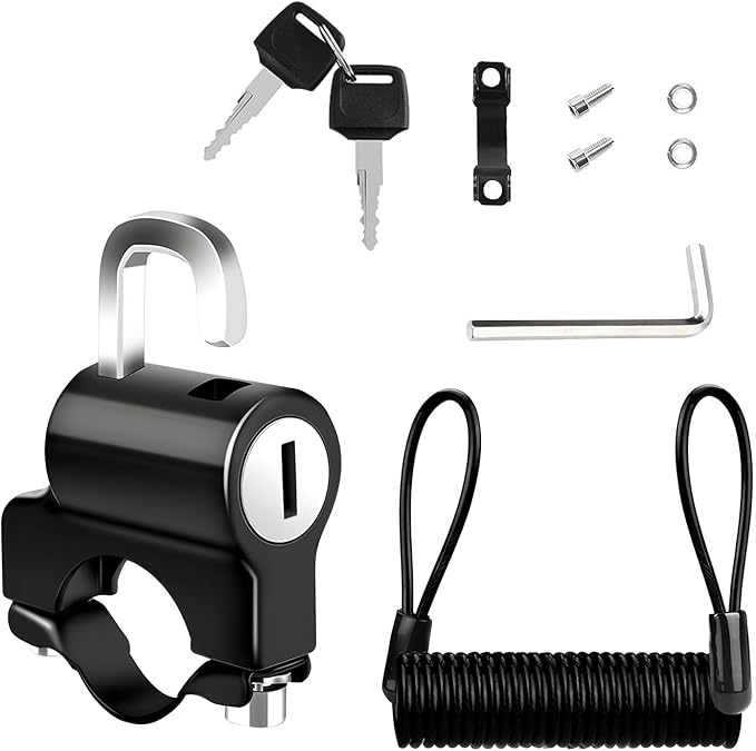 Motorcycle Helmet Anti-Theft Lock, Motorbike and Bicycle Helmet Safety Lock with Two Keys, Handlebar Mounting Tamper-Proof Helmet Security Lock, Motorcycle Accessories (Black+Black)