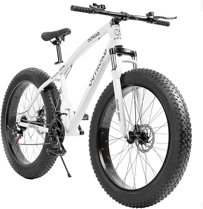 Outroad Fat Tire Mountain Bike with 26 inch Wheels, 21 Speed with High Carbon Steel Frame, Double Disc Brake and Front Suspension Anti-Slip Bikes