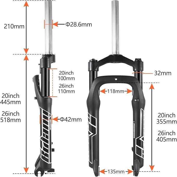 BOLANY Fat Tire MTB Suspension Fork, 20/26 x 4.0 inch 1 1/8 Straight Tube 100mm Travel Spacing Hub 135mm Manual Lockout 9mm QR Oil Spring Front Forks for Snow Beach XC Mountain Bike