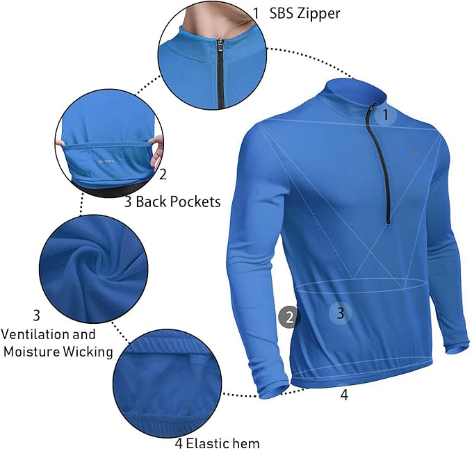 Spotti Men's Cycling Bike Jersey Long Sleeve with 3 Rear Pockets - Moisture Wicking, Breathable, Quick Dry Biking Shirt