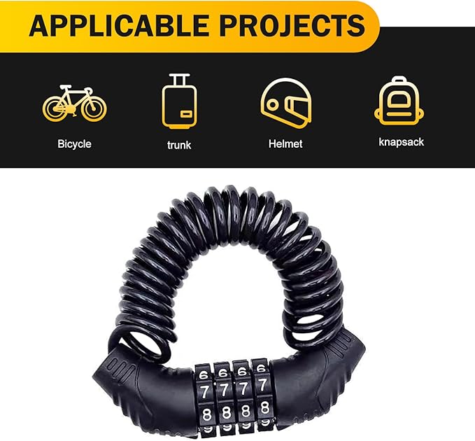 1 PC Motorcycle Helmet Lock, Portable Bicycle Helmet Combination Lock, Anti-Theft Retractable 4 Digit Small Cable Lock, Universal Heavy-Duty Alloy Lock for Scooter, Bikes, Luggage (Black)
